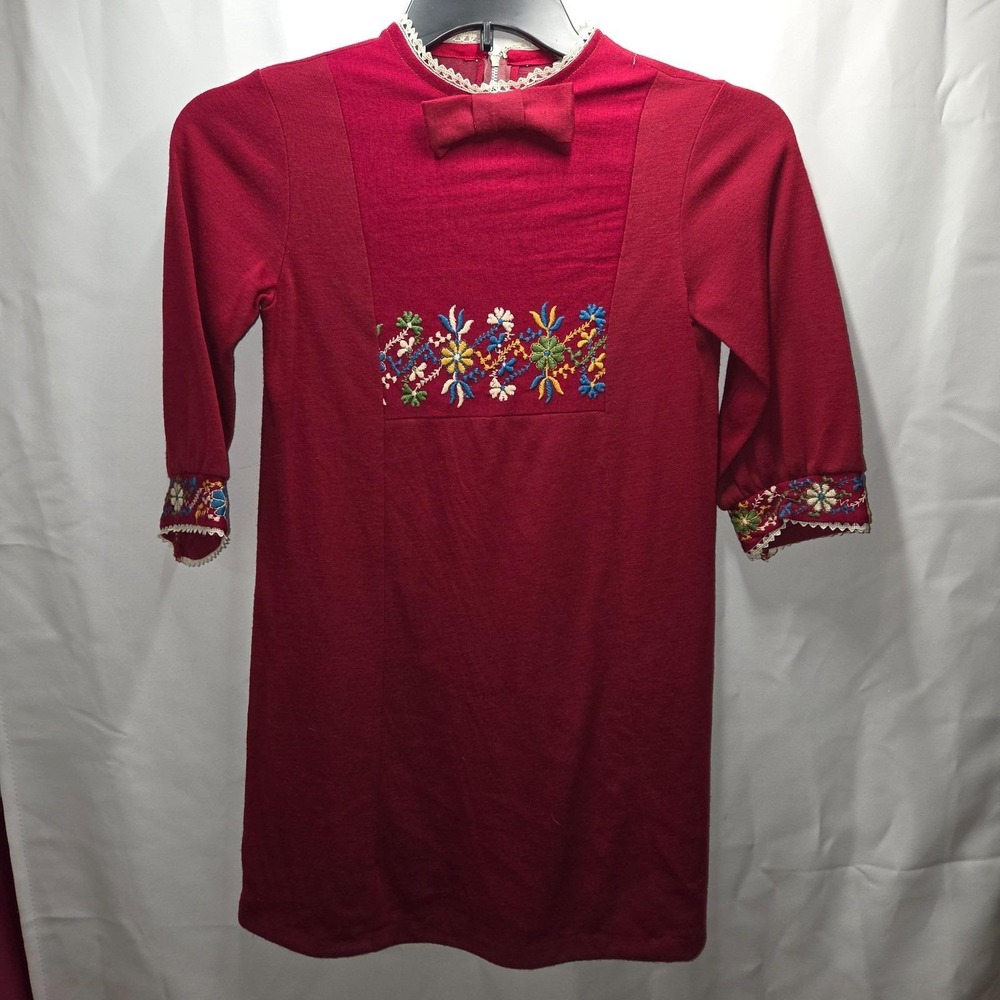 Vintage Sears Embroidered Girl's Dress Burgundy‎ Size 12